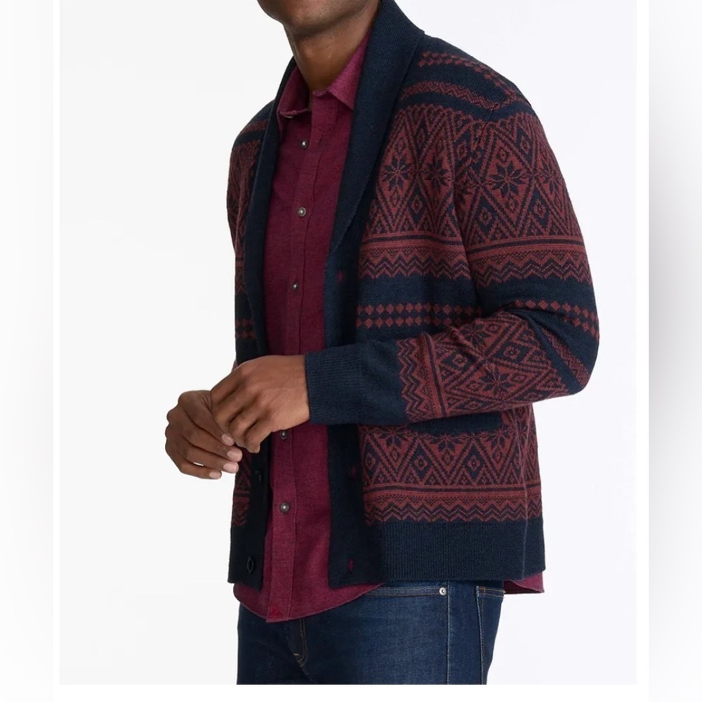 Untuckit Fair Isle Merino Wool Yandoli Cardigan Sweater Button Front Blue USA XL